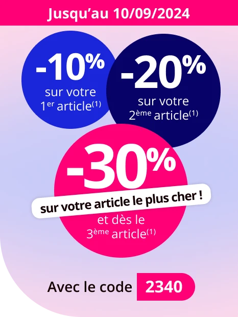 -10% sur votre 1er article(1) + -20% sur votre 2ème article(1) + -30% sur votre article le plus cher dès le 3ème article(1)